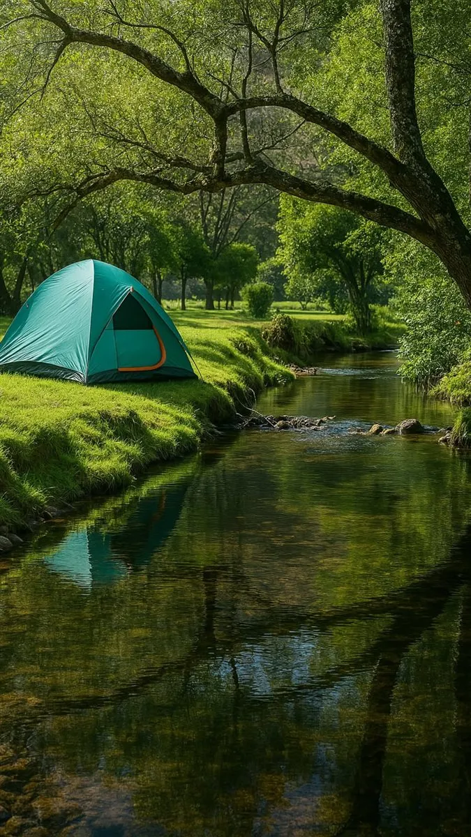 Casa de campaña verde junto al río rodeada de árboles
