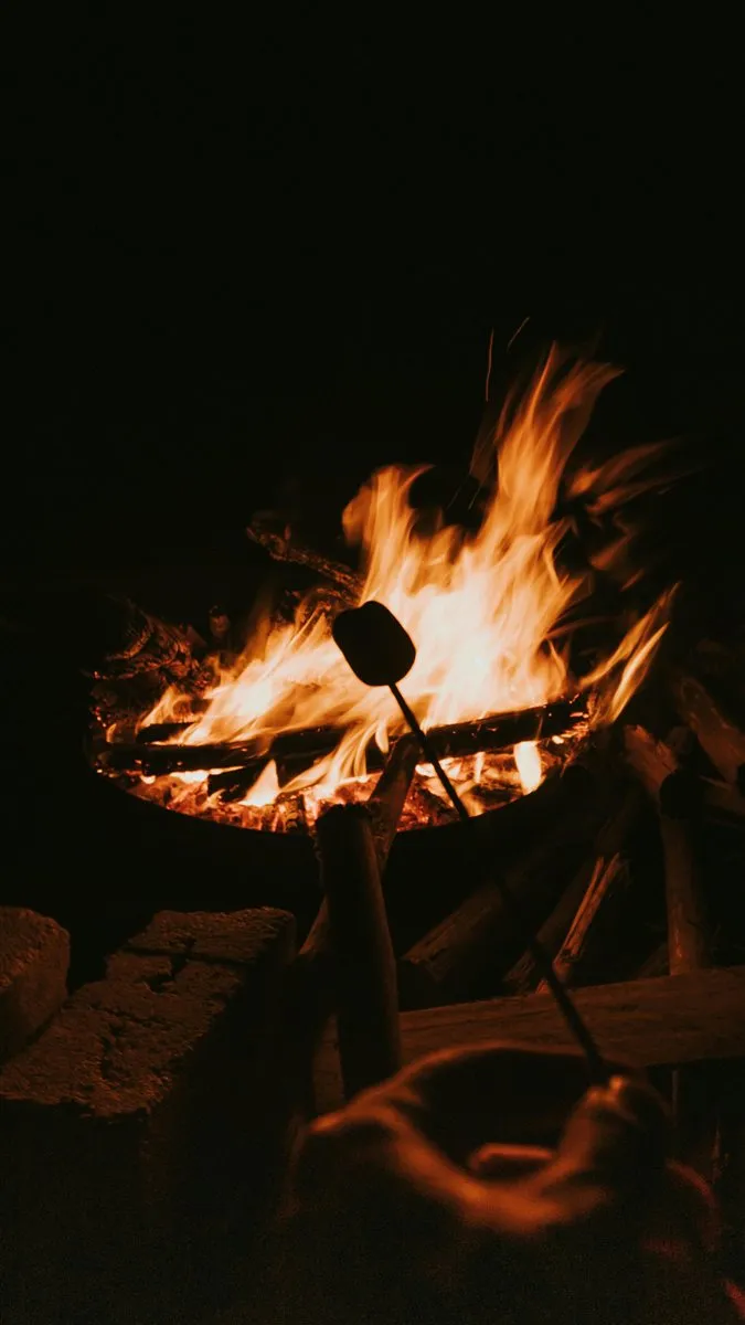 Fogata encendida de noche en la zona de camping