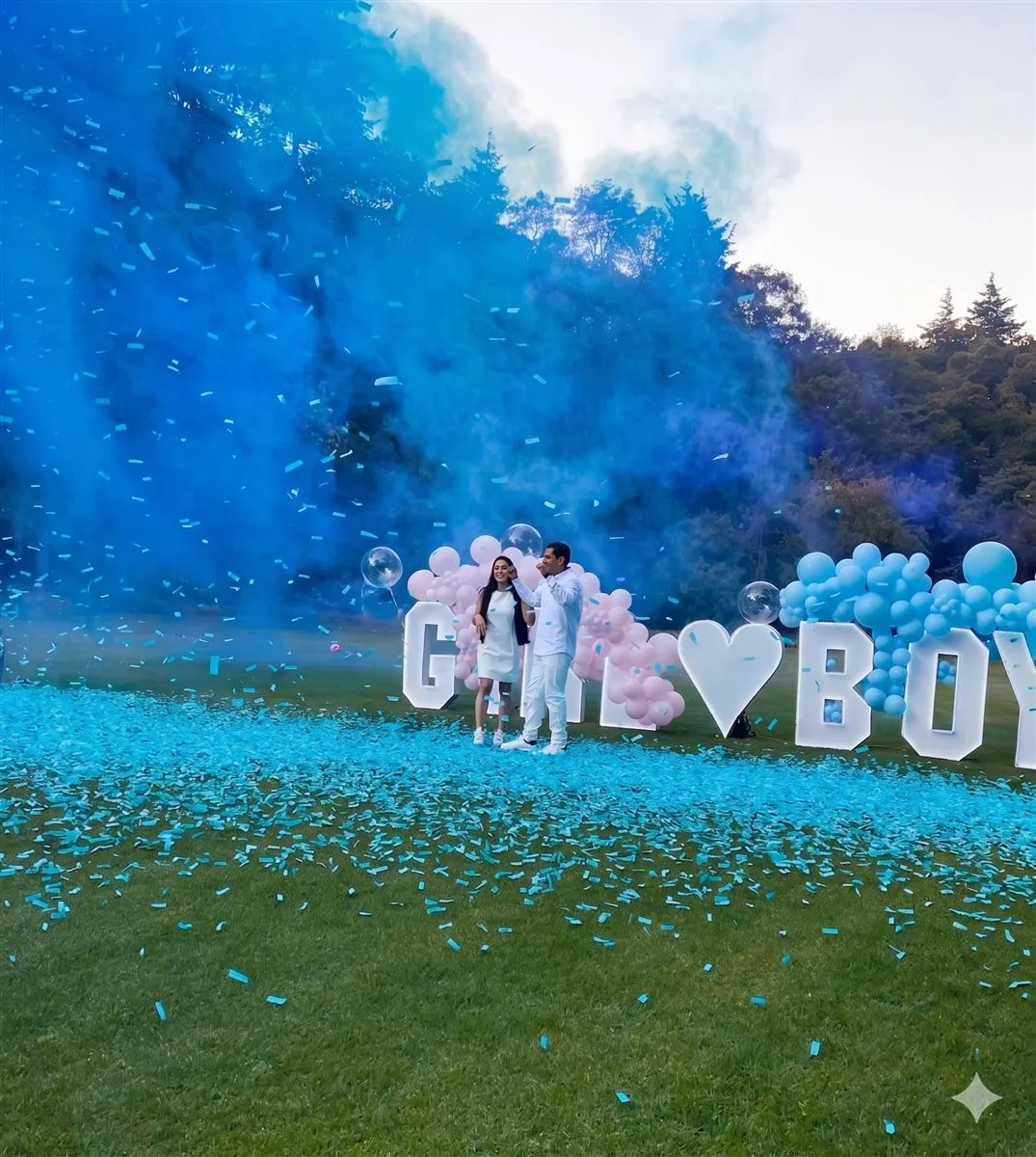 Revelación de género con humo azul y confeti en el bosque