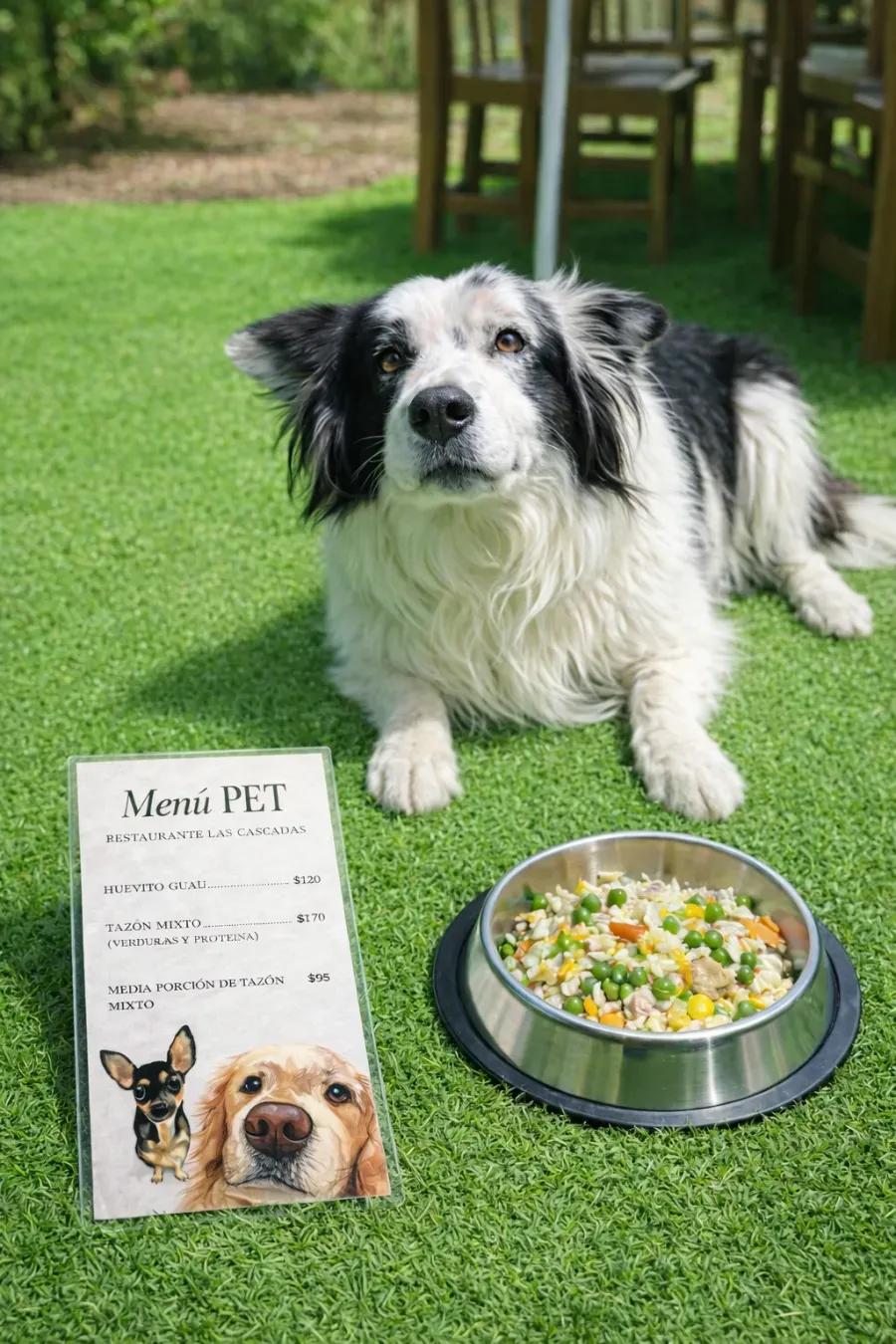 Perro junto al Menú Pet y un tazón de comida en el restaurante de Las Cascadas