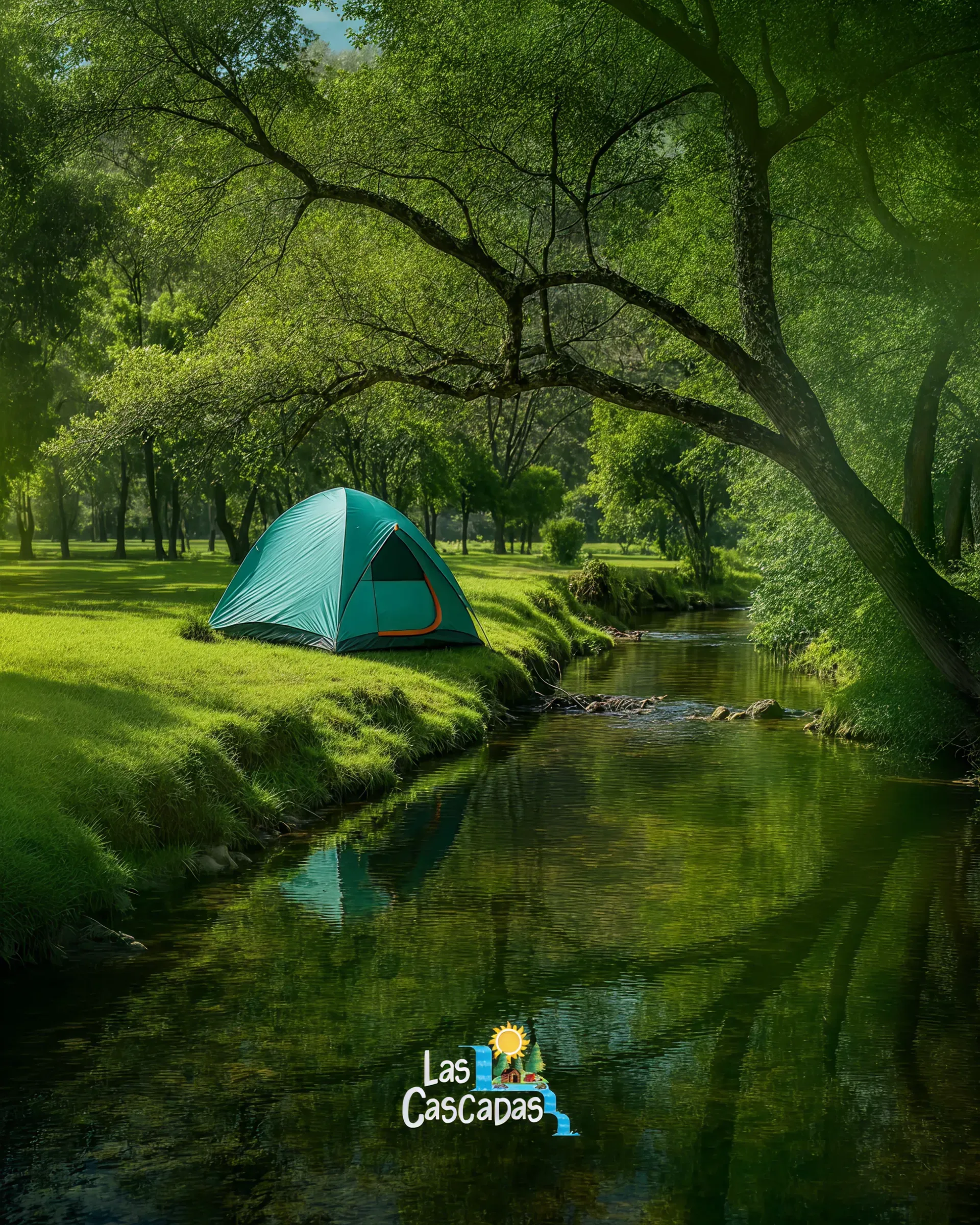 Carpa de campamento junto al río en el bosque de Las Cascadas